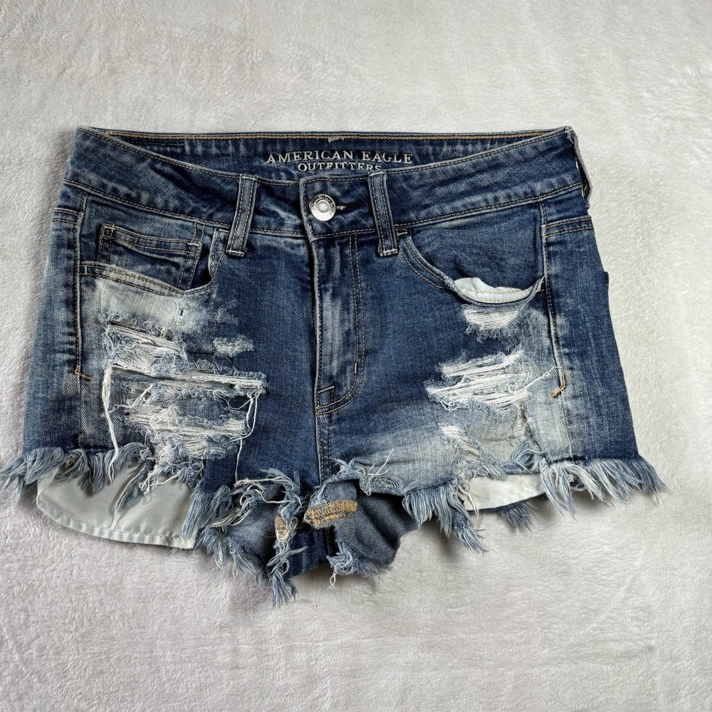 American Eagle Hi Rise Shortie Denim Shorts Distressed Raw Hem Size 4 Stretch